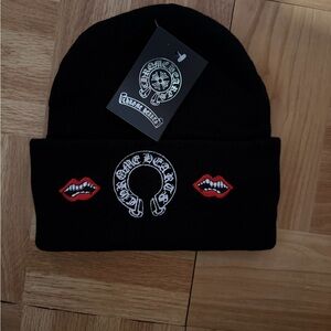 Chrome Hearts Black Beanie with Red and White Lips